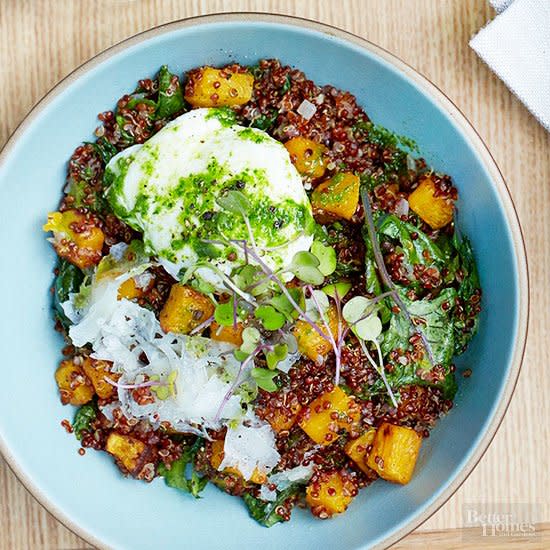 Grain bowls make mealtime a breeze and feature fresh, healthy ingredients. Thanks to the nature of meals in a bowl, each of these grain bowl recipes include multiple food groups. Don't feel like you have to stick strictly to the recipe—add an egg to your quinoa bowl, swap goat cheese for feta, or switch up the grain called for and use your favorite.