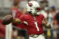 Arizona Cardinals quarterback Kyler Murray (1) warms up prior to an NFL football game against the Carolina Panthers, Sunday, Sept. 22, 2019, in Glendale, Ariz. (AP Photo/Ross D. Franklin)