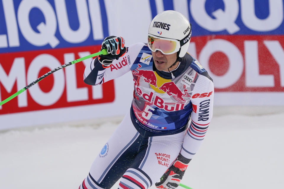 France's Johan Clarey gets to the finish area after completing an alpine ski, men's World Cup downhill, in Kitzbuehel, Austria, Sunday, Jan. 24, 2021. (AP Photo/Giovanni Auletta)