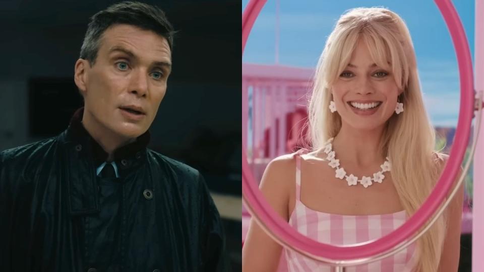 Cillian Murphy's Oppenheimer in all black split with Margot Robbie's Barbie in pink