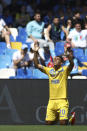 Frosinone's Walid Cheddira celebrates after scoring the equalizing goal during a Serie A soccer match between Napoli and Frosinone at the Diego Armando Maradona Stadium in Naples, Italy, Sunday, April 14, 2024. (Alessandro Garofalo/LaPresse via AP)