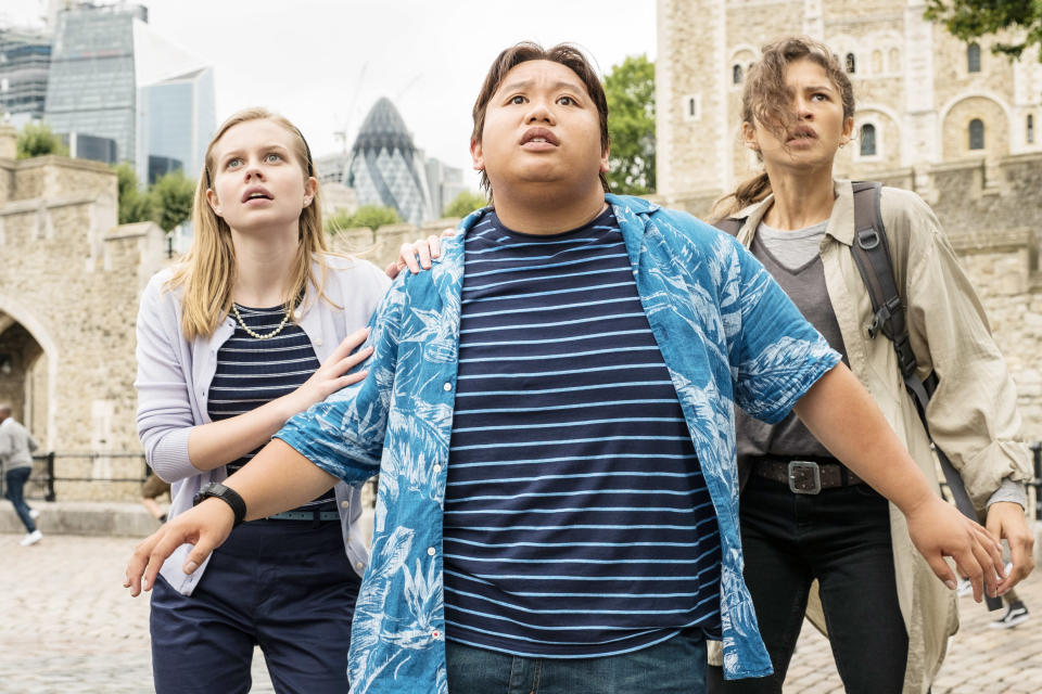 Betty (Angourie Rice), Ned (Jacob Batalon) and MJ (Zendaya) go from bystanders to action heroes in the climax of 'Far From Home' (Photo: Jay-Maidment / © Columbia / © Marvel Studios/ Courtesy Everett Collection) 