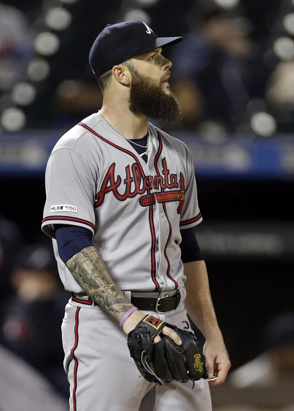 Atlanta Braves pitcher Dallas Keuchel reacts after giving up a two-run home run during the fourth inning of a baseball game against the New York Mets, Friday, Sept. 27, 2019, in New York. (AP Photo/Adam Hunger)