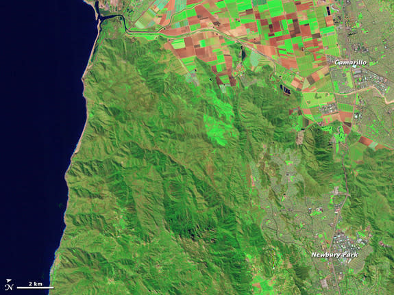 The region around Camarillo and Newbury Park, Calif., in March 2010, before the Springs Fire burned 240,000 acres in the area in May 2013.