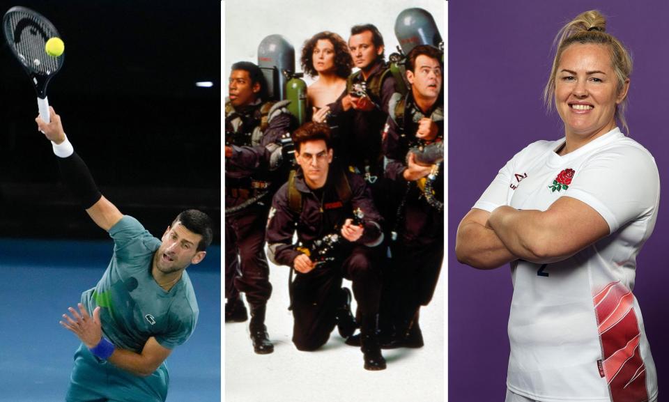 <span>Novak Djokovic, the Ghostbusters II crew, <a class="link " href="https://sports.yahoo.com/soccer/teams/england-women/" data-i13n="sec:content-canvas;subsec:anchor_text;elm:context_link" data-ylk="slk:England;sec:content-canvas;subsec:anchor_text;elm:context_link;itc:0">England</a> captain Marlie Packer.</span><span>Composite: AP; Moviestore Collection Ltd/Alamy; Getty Images</span>