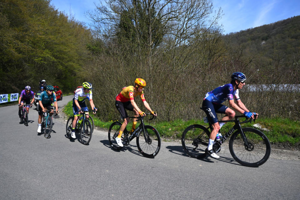 HUY BELGIUM  APRIL 19 LR Georg Zimmermann of Germany and Team Intermarch  Circus  Wanty Jacob Hindsgaul of Denmark and UnoX Pro Cycling Team and Daryl Impey of South Africa and Team Israel  Premier Tech compete in the breakaway during the 87th La Fleche Wallonne 2023 Mens Elite a 1943km one day race from Herve to Mur de Huy  UCIWT  on April 19 2023 in Huy Belgium Photo by Luc ClaessenGetty Images