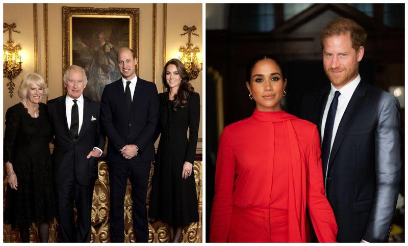 哈利王子和梅根（右圖）曬出新照，明顯與爸爸和哥哥（左圖）較勁。（翻攝Misan Harriman推特／The Royal Family臉書）