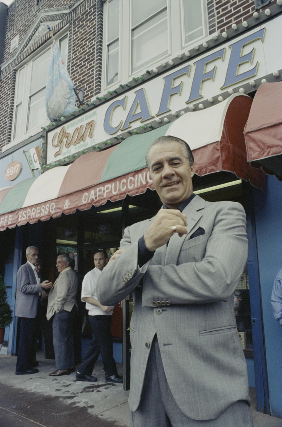 <div class="inline-image__caption"><p>Tony Sirico outside the Gran Caffe in Bensonhurst, New York City, on May 17, 1990. </p></div> <div class="inline-image__credit">Matt Green/Getty</div>