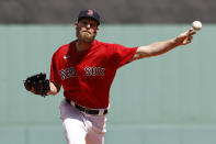 Boston Red Sox starting pitcher Chris Sale delivers against the Tampa Bay Rays during the first inning of a baseball game Monday, Sept. 6, 2021, at Fenway Park in Boston. (AP Photo/Winslow Townson)