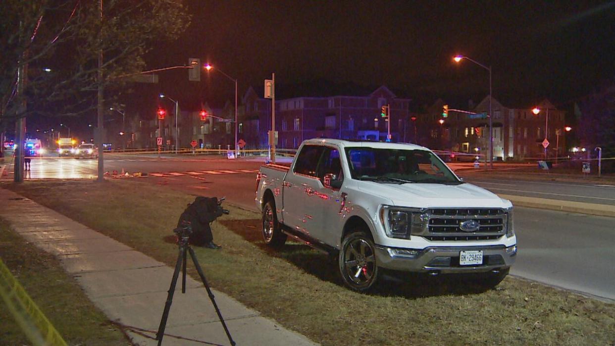 Police say a 79-year-old woman was pronounced dead in hospital after she was hit by the driver of a white Ford F150 pickup truck on Sunday.  (Igor Petrov/CBC - image credit)