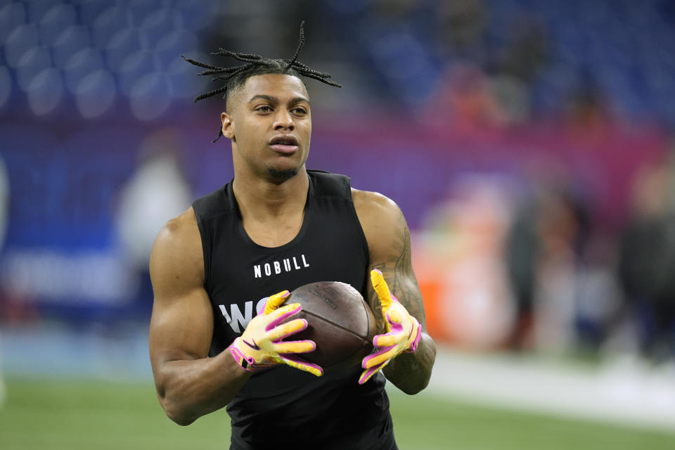 FILE - Southern California wide receiver Brenden Rice runs a drill at the NFL football scouting combine, Saturday, March 2, 2024, in Indianapolis. (AP Photo/Michael Conroy)