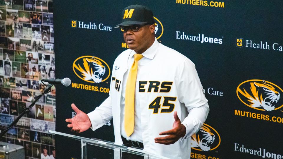 Missouri baseball coach Kerrick Jackson speaks to the media during a press conference on June 5, 2023, in Columbia, Mo.