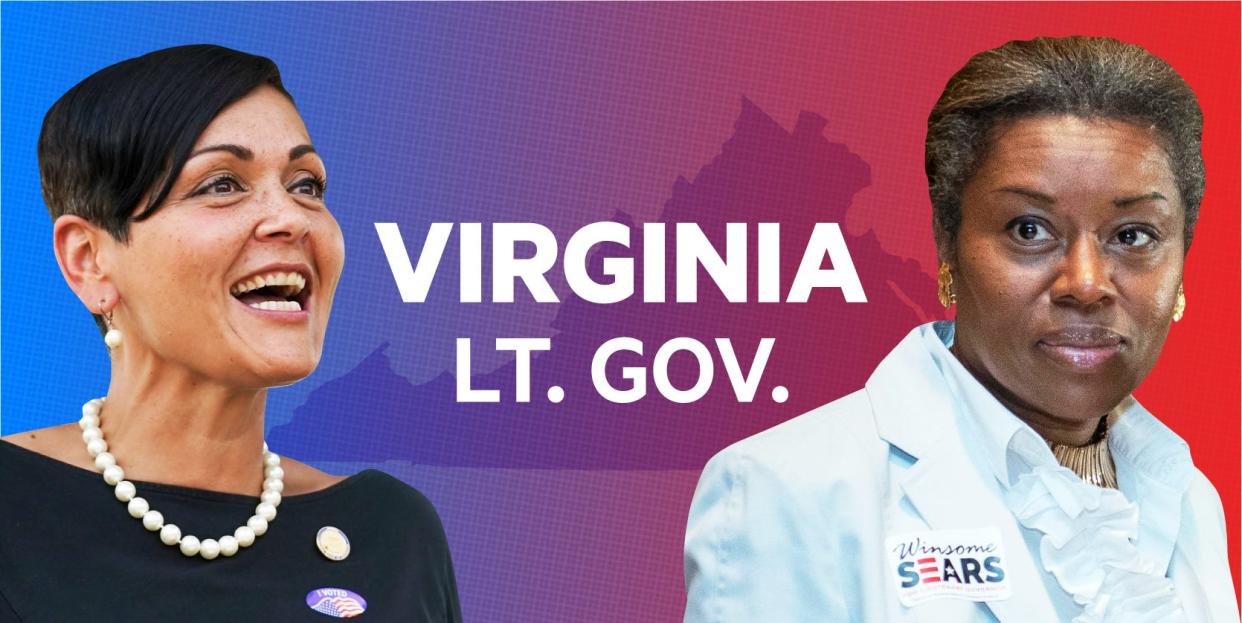 Hala Ayala and Winsome Sears on a red and blue background with the words “Virginia Lt. Gov.”