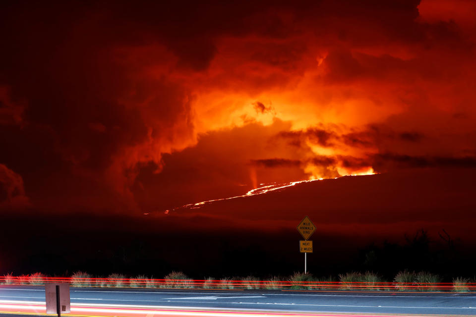 An image of Hawaii's Mauna Loa volcano erupting