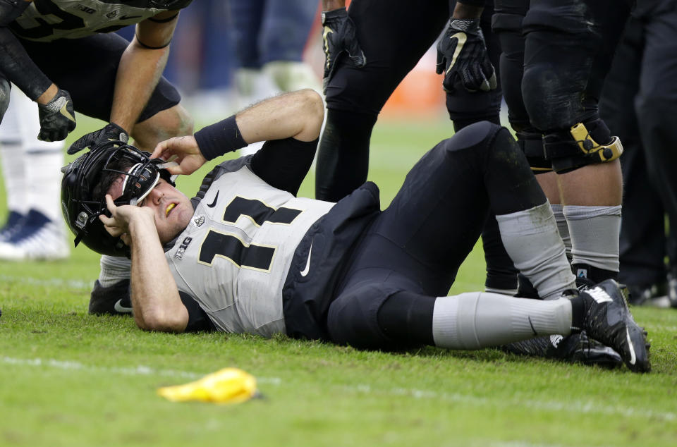 Purdue quarterback David Blough (11) suffered a season-ending injury in the win over Illinois. (AP Photo/Michael Conroy)