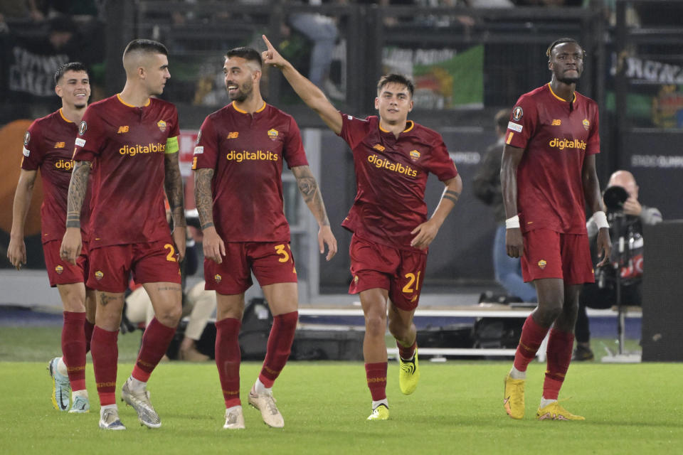 AS Roma's Paulo Dybala celebrates after scoring to 1-0 during the Europa League soccer match between AS Roma and Real Betis in Rome, Italy, Thursday, Oct. 6, 2022. (Alfredo Falcone/LaPresse via AP)