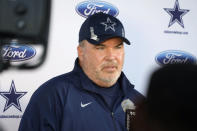 Dallas Cowboy head coach Mike McCarthy speaks to media during an NFL football practice Thursday, Aug. 11, 2022, at the Denver Broncos' headquarters in Centennial, Colo. (AP Photo/David Zalubowski)