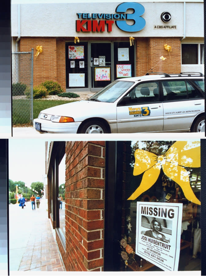 Two images: a KIMT 3 TV station with posters on windows; a missing person poster for Jodi Huisentruit on a building window. A car is parked outside the TV station