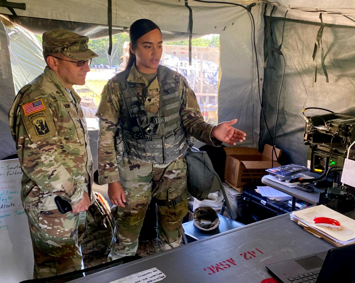 Chasity Nuñez attends a training in Fort Drum, New York. At right is Maj. Gen. Francis Evon, adjutant general of the Connecticut National Guard.