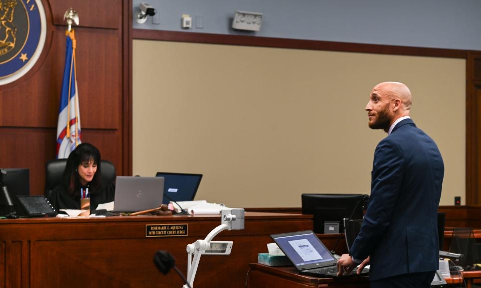 Ingham County Assistant Public Defender Brian T. Jackson communicates with an inmate via teleconference, Wednesday, May 8, 2024, in Circuit Judge Rosemarie Aquilina's courtroom in Lansing. Funding for public defenders in Ingham County has increased by 52.3% since 2019, part of the state’s revamped system for providing defense attorneys for people who can’t afford their own. Across Michigan, the funding increased by 166.7% over the past six years. The added money, plus new standards, has helped Michigan go from among the worst systems in the country to a national model.
