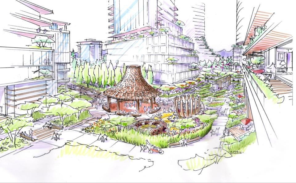 A gazebo and green space in the Heather Street Lands development 