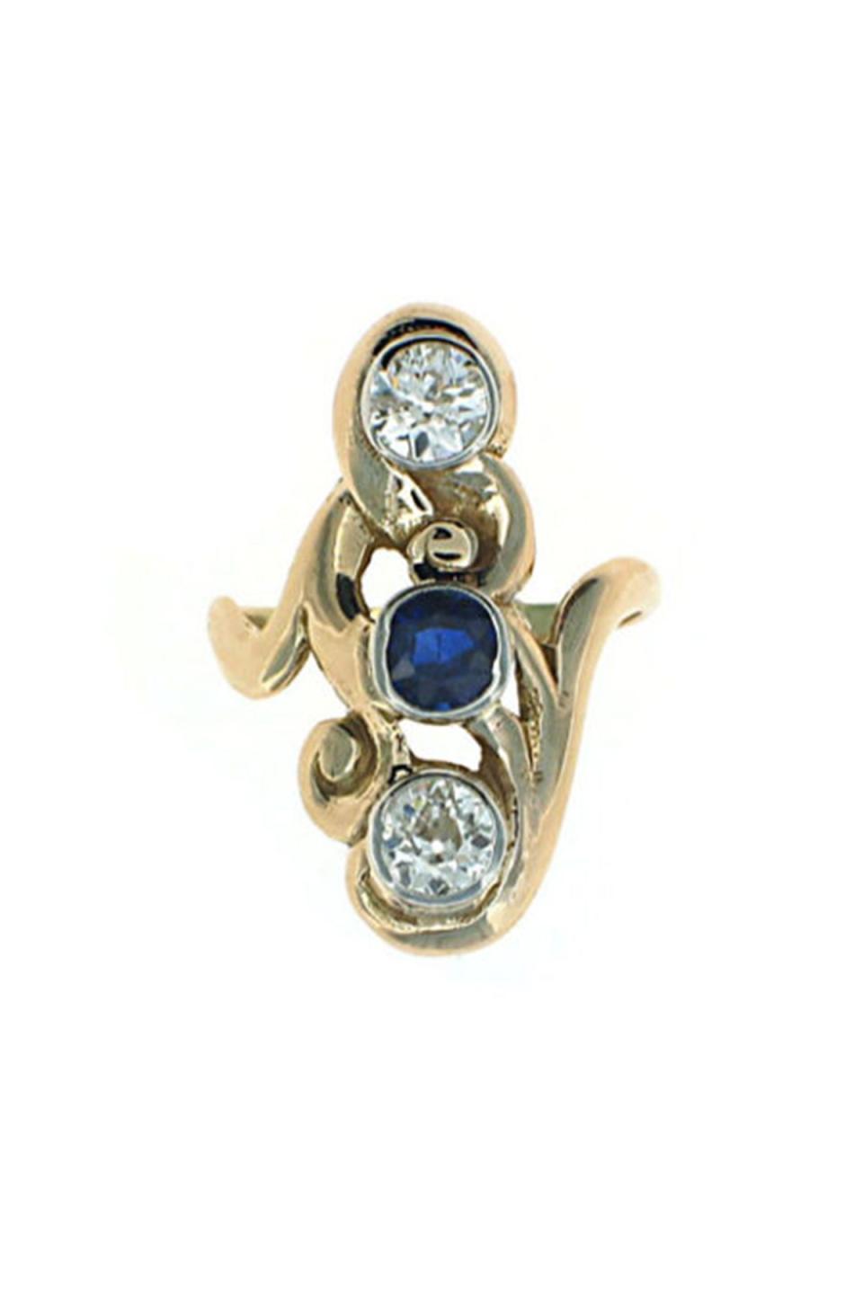 6) Antique Art Nouveau Sapphire and Diamond Ring in 14K