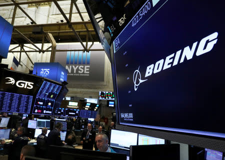 FILE PHOTO: The company logo for Boeing is displayed on a screen on the floor of the New York Stock Exchange (NYSE) in New York, U.S., March 11, 2019. REUTERS/Brendan McDermid/File Photo