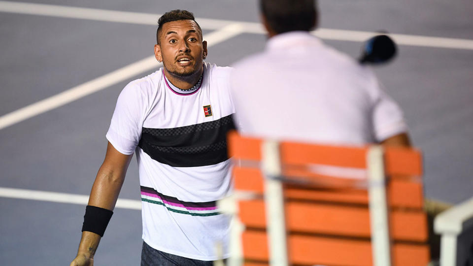 Nick Kyrgios complained about Nadal’s stalling tactics. (Photo by PEDRO PARDO/AFP/Getty Images)