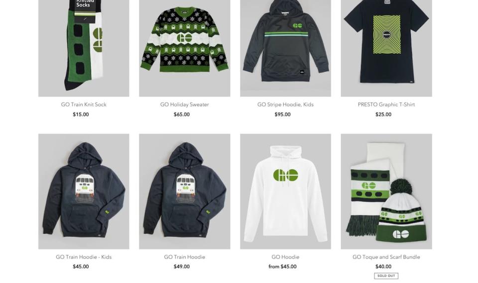 Merchandise on the Metrolinx online store features holiday sweaters, socks, toques and more.