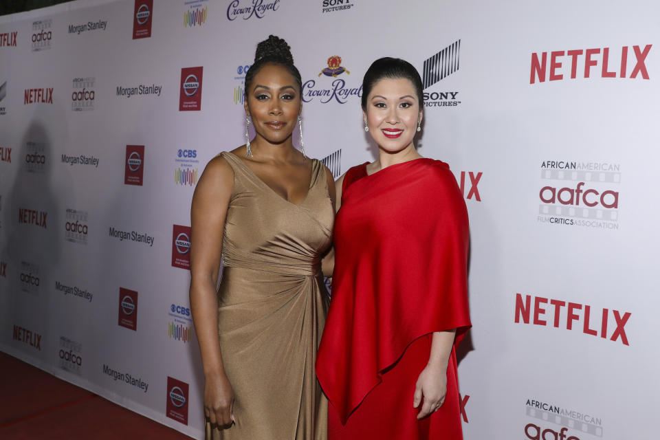 Simone Missick and Ruthie Ann Miles attend the 11th Annual AAFCA Awards at the Taglyan Complex on Wednesday, Jan. 22, 2020, in Los Angeles. (Photo by Mark Von Holden /Invision/AP)