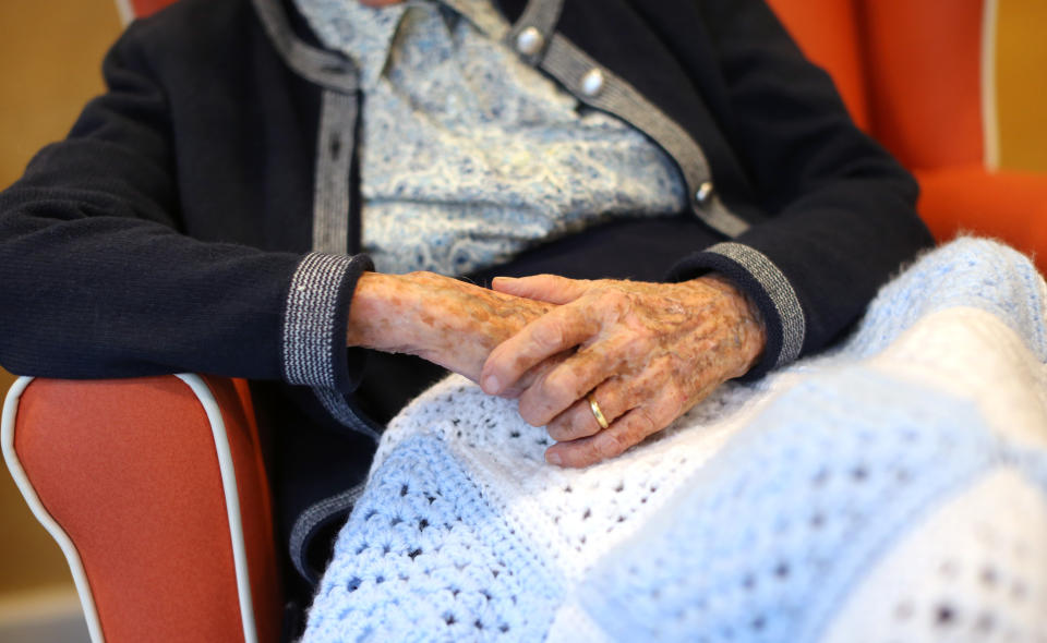 The hands of an elderly woman at a nursing home in south London, as research has revealed that care home residents were more likely to die of Covid-19 in the UK than in any of the major European countries apart from Spain. Picture date: Wednesday July 1, 2020. 