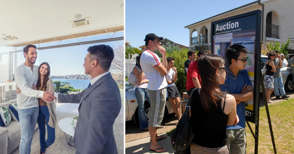 Composite image of couple buying first home and crowds at an auction.