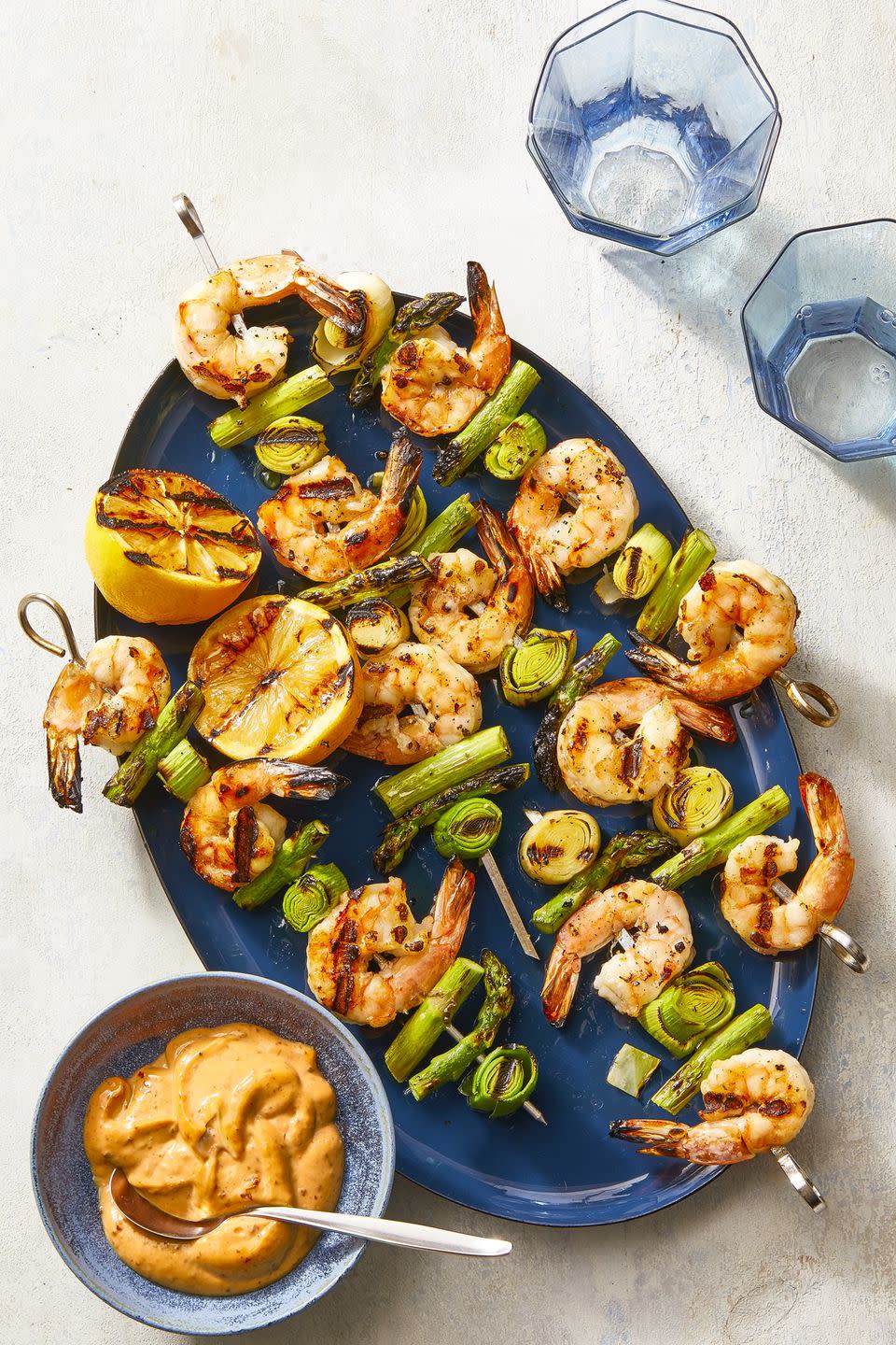 Charred Shrimp, Leek, and Asparagus Skewers