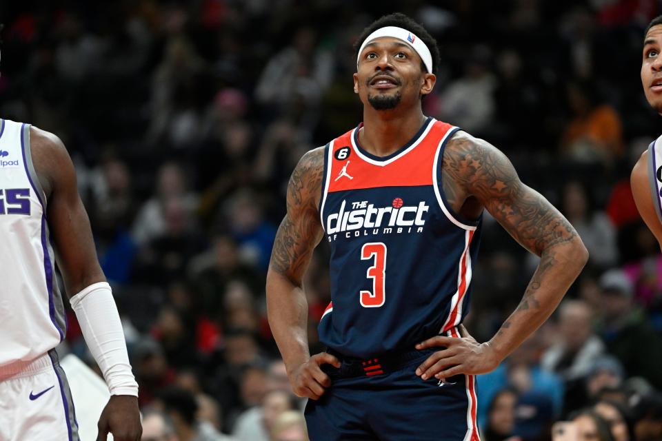 Washington Wizards guard Bradley Beal (3) looks on against the Sacramento Kings during the second half at Capital One Arena in Washington on March 18, 2023. Mandatory Credit: Brad Mills-USA TODAY Sports