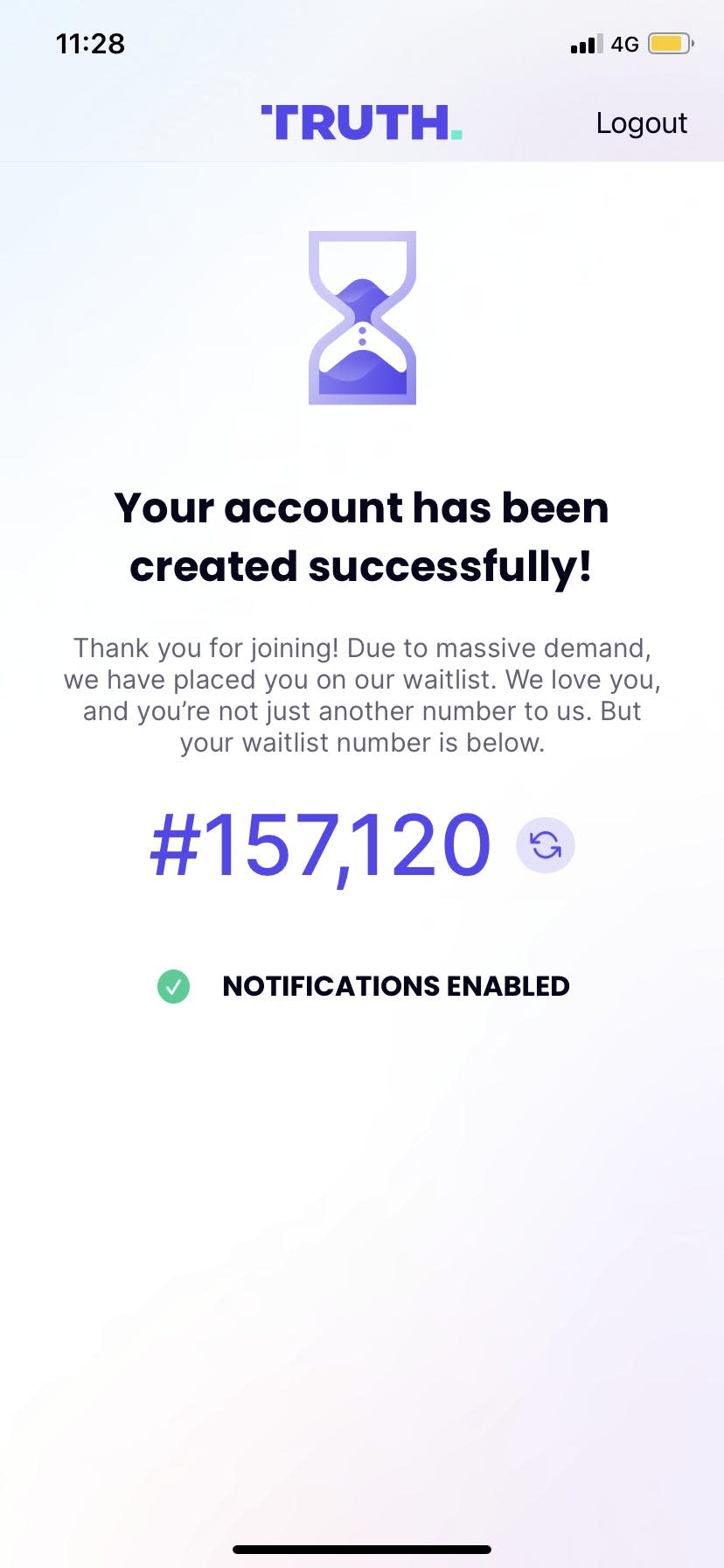 Screenshot of the Truth Social mobile app saying that "Your account has been created successfully!" but placed on a waitlist of 157k