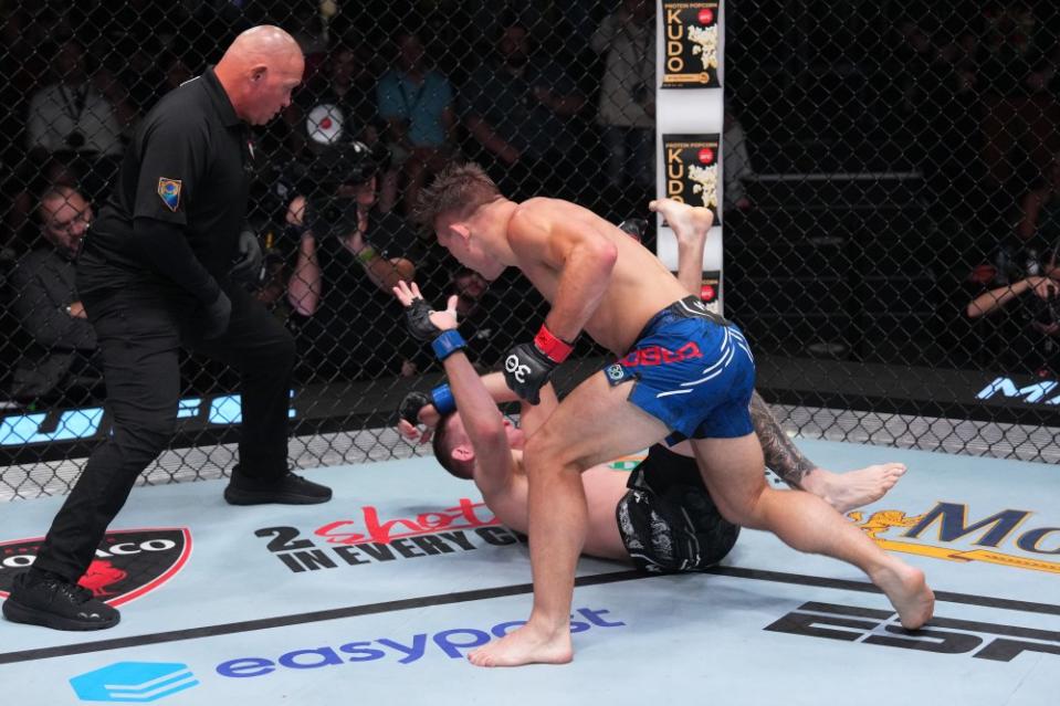 LAS VEGAS, NEVADA – OCTOBER 07: (R-L) Drew Dober punches Ricky Glenn in a lightweight fight during the UFC Fight Night weigh-in at UFC APEX on October 07, 2023 in Las Vegas, Nevada. (Photo by Al Powers/Zuffa LLC via Getty Images)