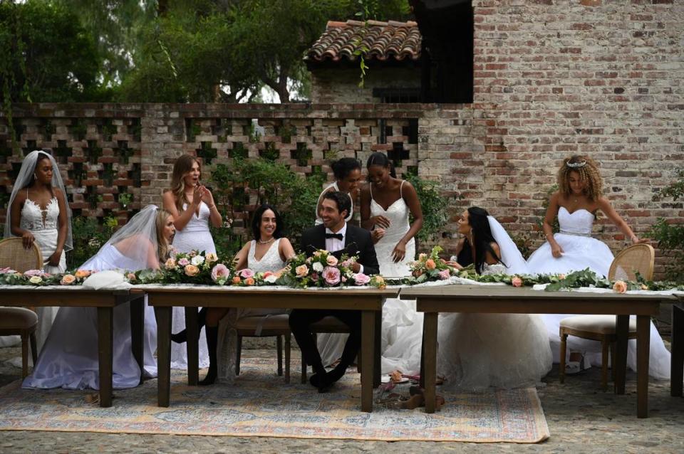 Joey Graziadei and other contestants during a wedding-themed group date on the Jan. 29 episode of “The Bachelor” on ABC.