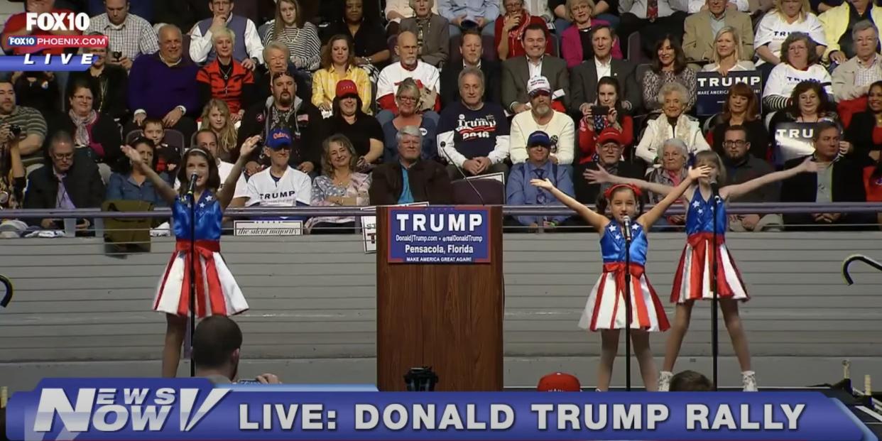 The USA Freedom Kids perform "Freedom's Call" at a Trump rally in Pensacola, Florida, 2016.