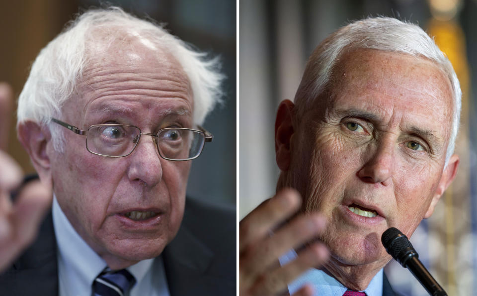 FILE - This combination of the photos shows Sen. Bernie Sanders, I-Vt., left, and former Vice President Mike Pence, right. (AP Photo/File)