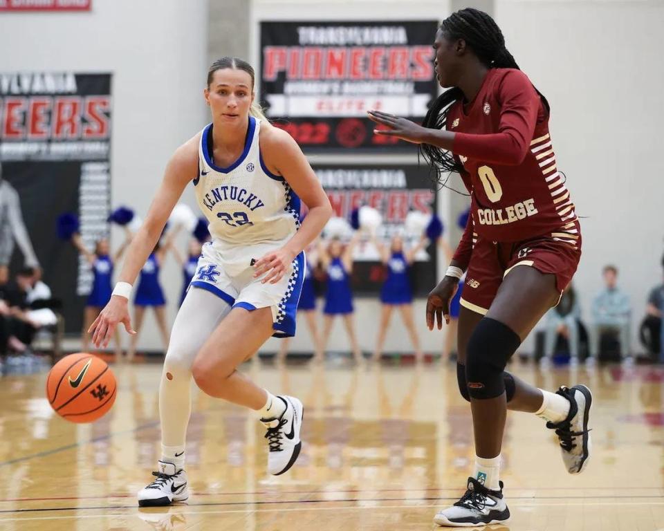 Maddie Scherr injured her head in a fall late in the third quarter and did not return to Thursday night’s game. The senior guard, who was able to walk to the bench after falling, finished with 13 points.