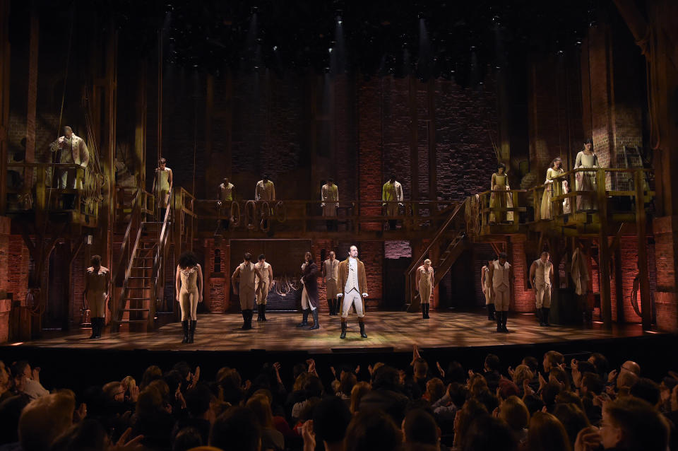 NEW YORK, NY - FEBRUARY 15:  Lin-Manuel Miranda and cast of 'Hamilton' performs on stage during 'Hamilton' GRAMMY performance for The 58th GRAMMY Awards at Richard Rodgers Theater on February 15, 2016 in New York City.  (Photo by Theo Wargo/Getty Images)