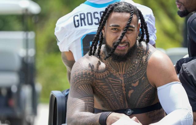 Carolina Panthers linebacker Frankie Luvu (49) takes the field