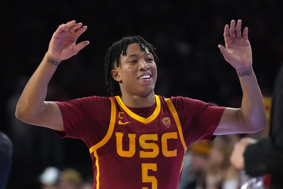 Jan 26, 2023; Los Angeles, California, USA; Southern California Trojans guard Boogie Ellis (5) celebrates in the second half against the UCLA Bruins at Galen Center. Mandatory Credit: Kirby Lee-USA TODAY Sports