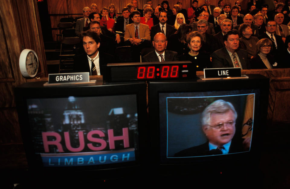 A scene from the set of Rush Limbaugh's show, 1995.<span class="copyright">Mark Peterson—Redux</span>