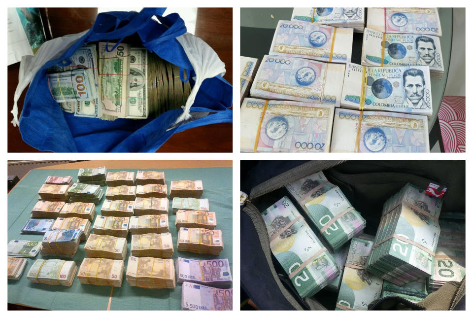 Esta combinación de fotografías de 2012 a 2017 obtenidas por la Administración de Control de Drogas de Estados Unidos (DEA, por sus siglas en inglés) muestra dólares estadounidenses, pesos colombianos, euros y dólares canadienses involucrados en investigaciones de lavado de dinero de la agencia. (DEA vía AP)
