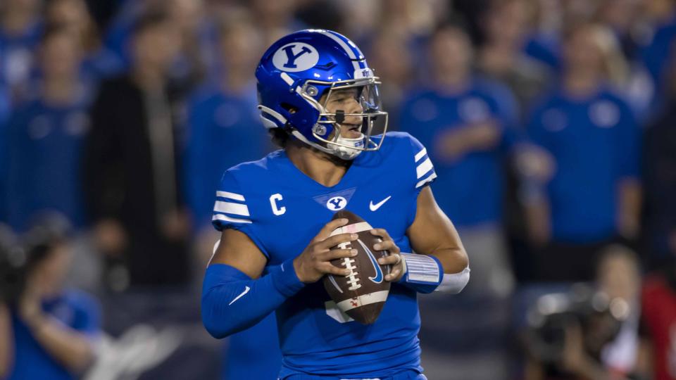 Brigham Young Cougars quarterback Jaren Hall (3) looks to pass the football during an NCAA football game on Saturday, Sept. 10, 2022 in Provo, Utah. (AP Photo/Tyler Tate)