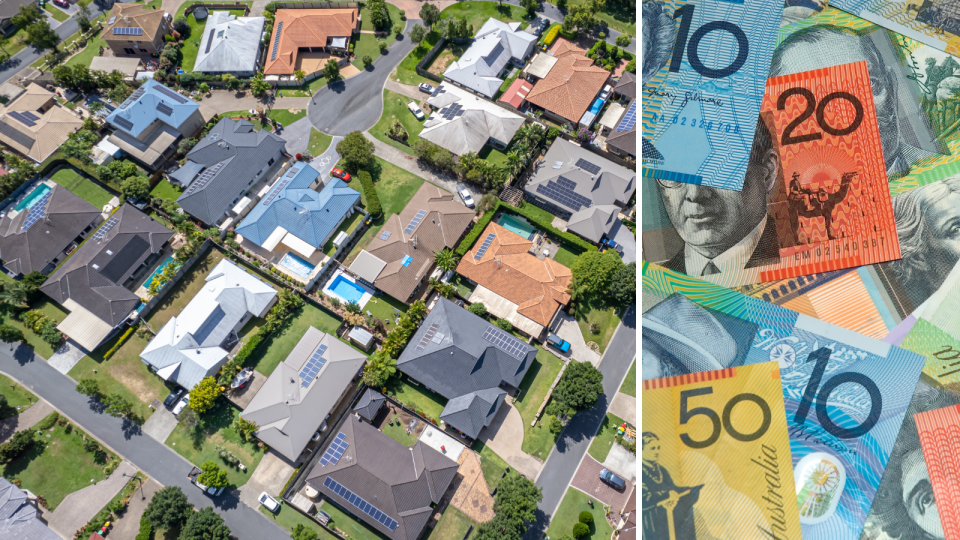 Australian property. Aerial view of houses. Australian money notes. Property investment concept.