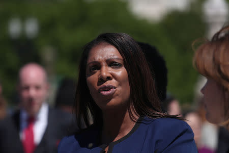 FILE PHOTO: New York Attorney General Letitia James following oral arguments regarding the Census citizenship case speaks to the media outside the U.S. Supreme courthouse in Washington, U.S., April 23, 2019. REUTERS/Shannon Stapleton
