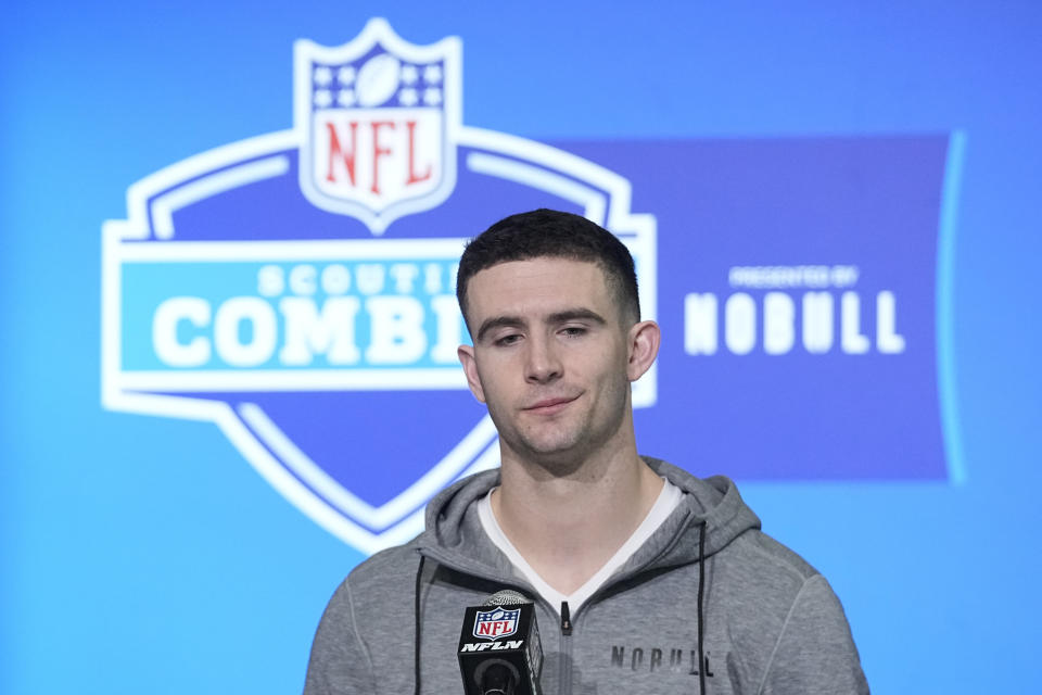 Georgia quarterback Stetson Bennett speaks during a news conference at the NFL football scouting combine in Indianapolis, Friday, March 3, 2023. (AP Photo/Darron Cummings)