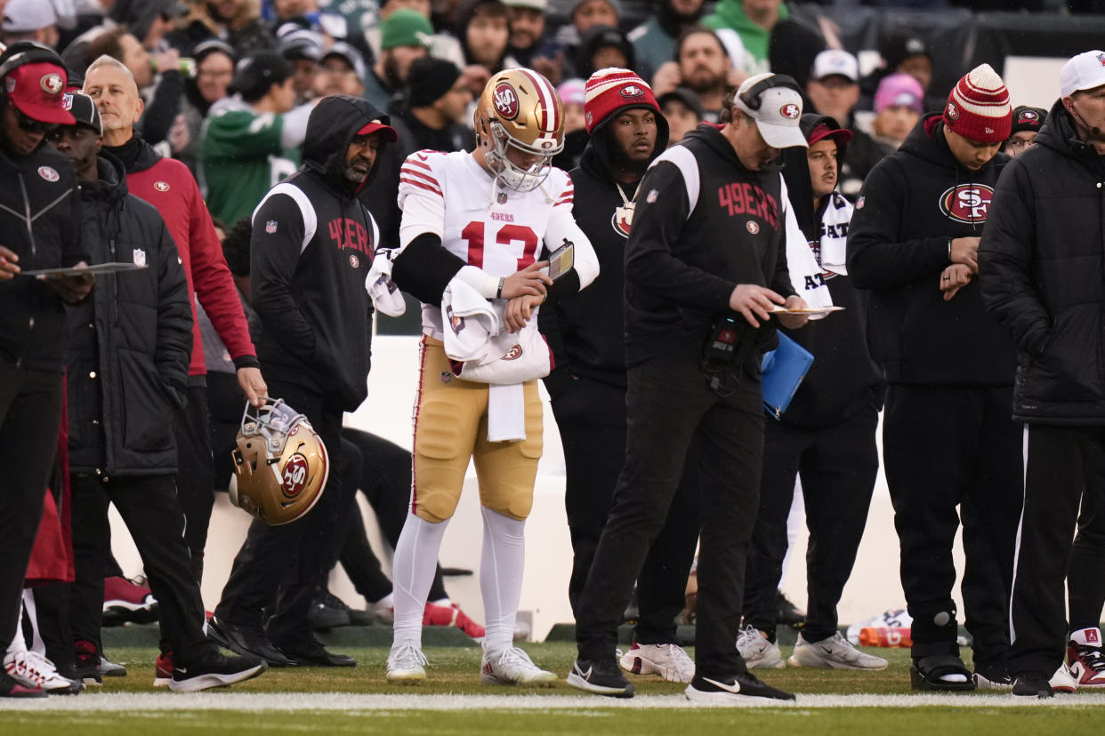 San Francisco 49ers quarterback Brock Purdy (13) stands on the sideline during the first half of the NFC Championship NFL football game between the Philadelphia Eagles and the San Francisco 49ers on Sunday, Jan. 29, 2023, in Philadelphia. (AP Photo/Seth Wenig)